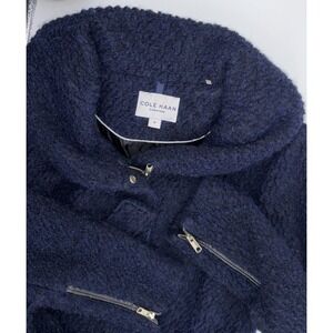 Cole Haan Hooded Textured Belted Walker Coat Wool Blend Zip Preppy 12 Navy Blue